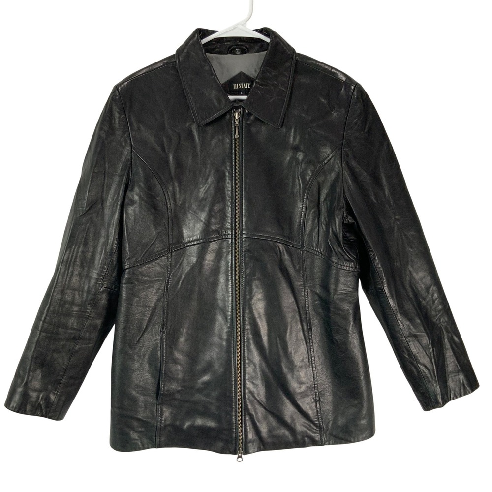 111 STATE Black Genuine Leather Zip Up Jacket Womens Large Long Sleeve Collared